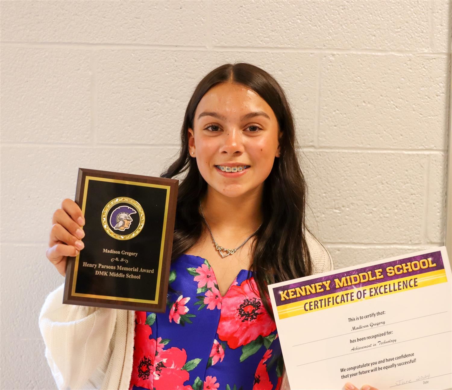  DMK student Madison Gregory is all smiles after earning the Henry Parsons Memorial Award.  